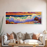 Ocean Waves, Splashing Surf, Bold Colors, Framed Canvas Print, Vibrant Coastal Wall Art, Bathroom Beach Decor, Tropical Ocean Vibes