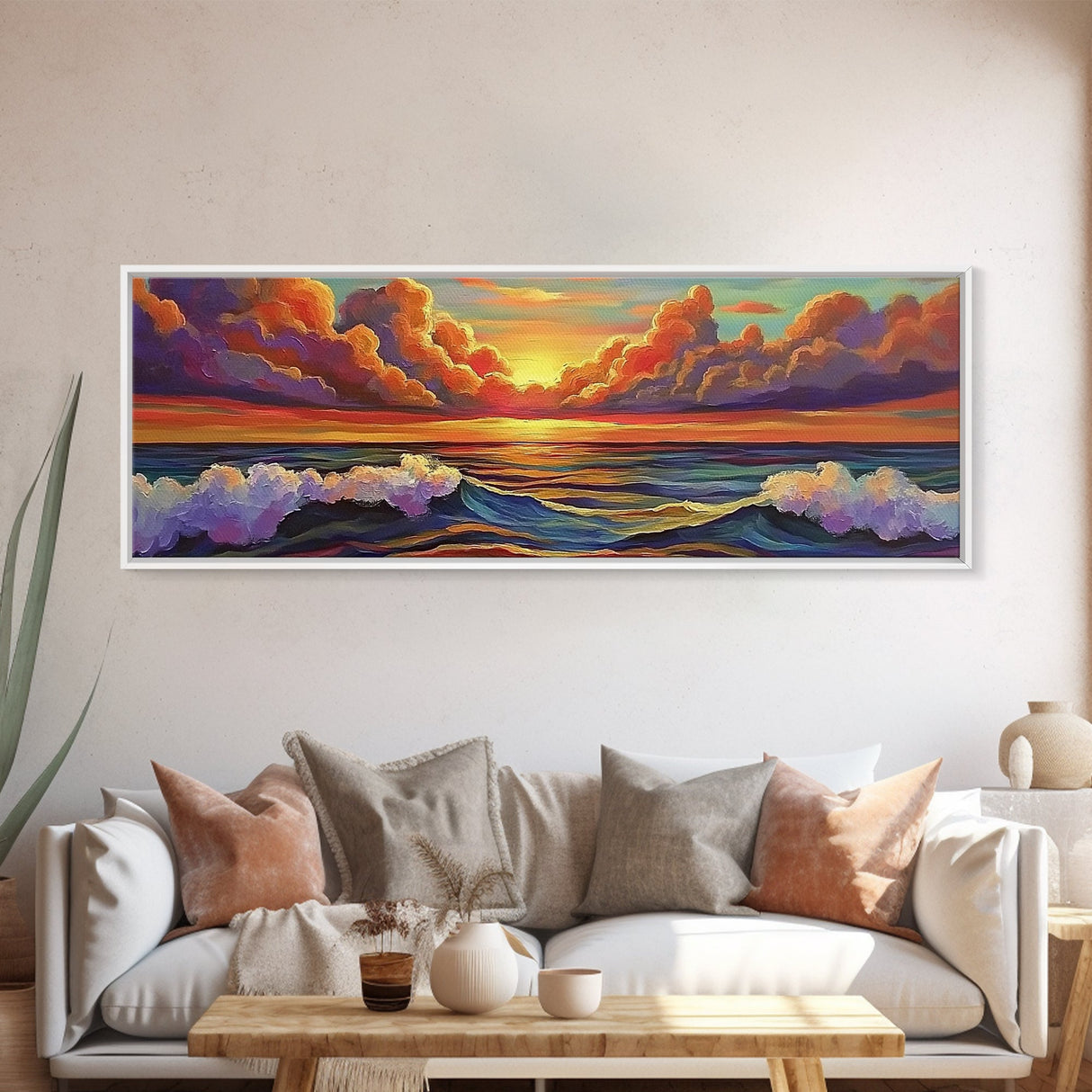 Dramatic Clouds, Sunset Sea, Ocean Glow, Framed Canvas Print, Bold Coastal Wall Art, Colorful Living Room Decor, Dreamy Seascape Style