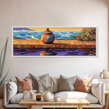 Ocean Vase Scene, Coastal Pottery Painting, Serene Sunset Dock, Beachfront Wall Style, Framed Canvas Print, Nautical Bathroom Art