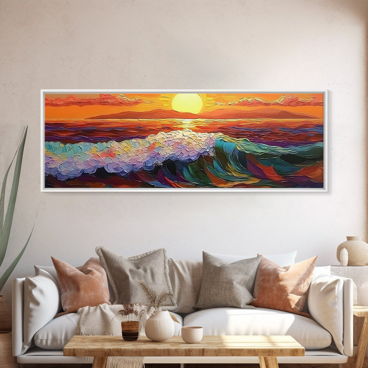 Vibrant Ocean Sunset, Textured Wave Painting, Modern Seascape Art, Framed Canvas Print, Coastal Living Wall Art, Boho Bedroom Decor