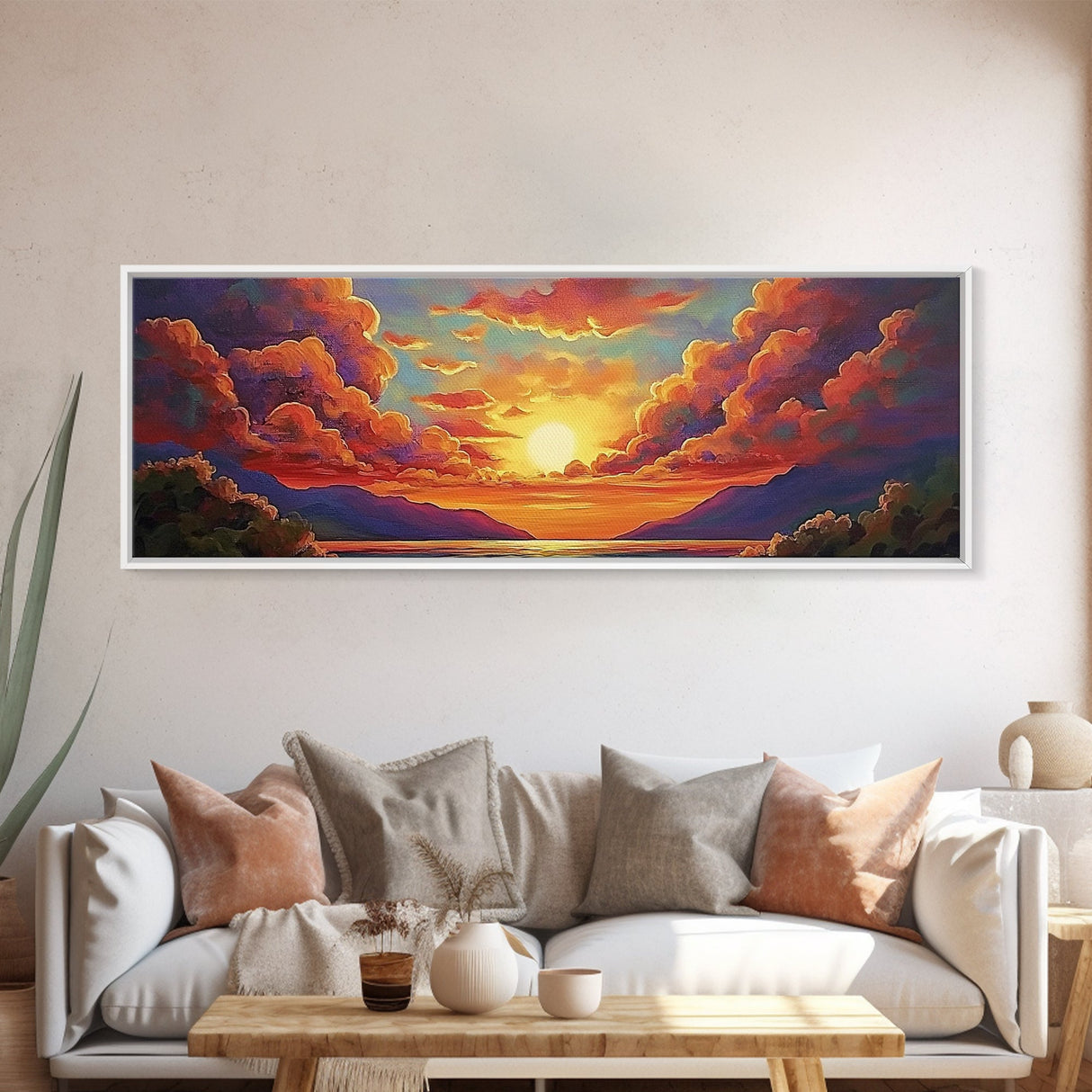 Sunset Serenity Sky, Mountain Glow Art, Dreamy Landscape Painting, Canvas Print, Peaceful Wall Decor, Living Room or Meditation Space