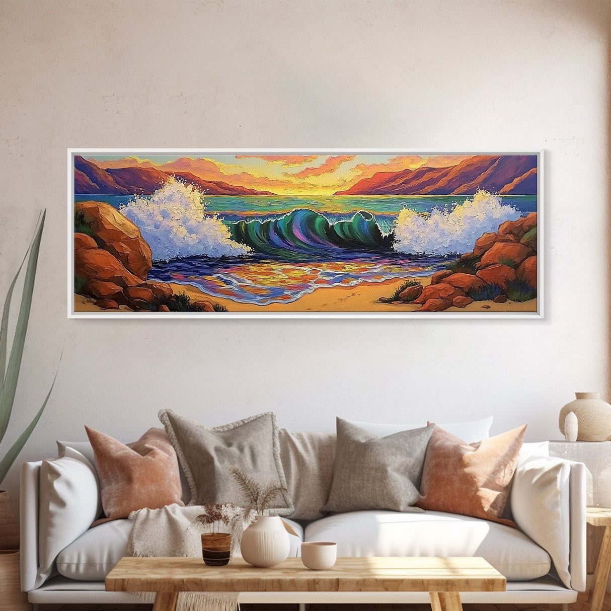 Ocean Power Crash, Colorful Seaside Painting, Bold Wave Art, Framed Canvas Print, Coastal Wall Decor, Beach House Living Room Style