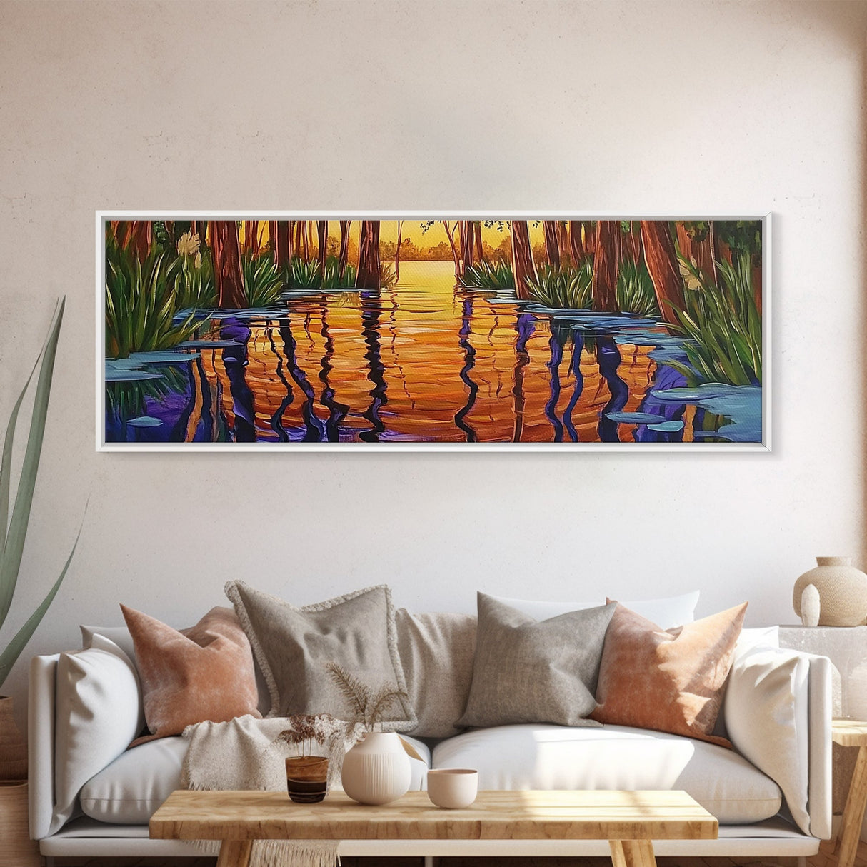 Sunset Reflection, Tranquil Forest, Swamp Scene, Cypress Trees, Framed Canvas Print, Autumn Wall Art, Rustic Decor, Nature Art