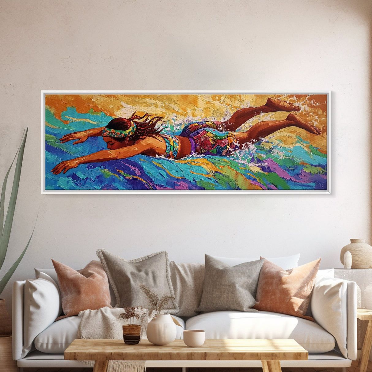 Surfer Girl, Ocean Energy, Tropical Vibes, Boho Style, Canvas Print, Teen Room Wall Art, Coastal Decor, Vibrant Summer Surf Artwork