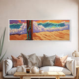 Painted Post, Colorful Shore, Ocean Wave, Surf Vibes, Framed Canvas Print, Beach Bedroom Wall Art, Tropical Seaside Expressionism