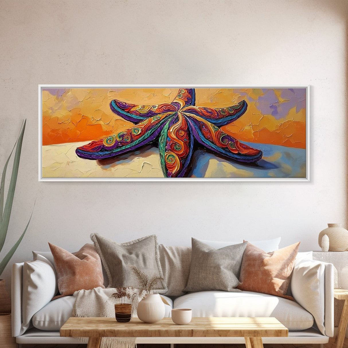 Starfish Art, Coastal Decor, Ocean Sunset, Framed Canvas Print, Vibrant Sea Life, Beach House Wall Art, Tropical Boho Style