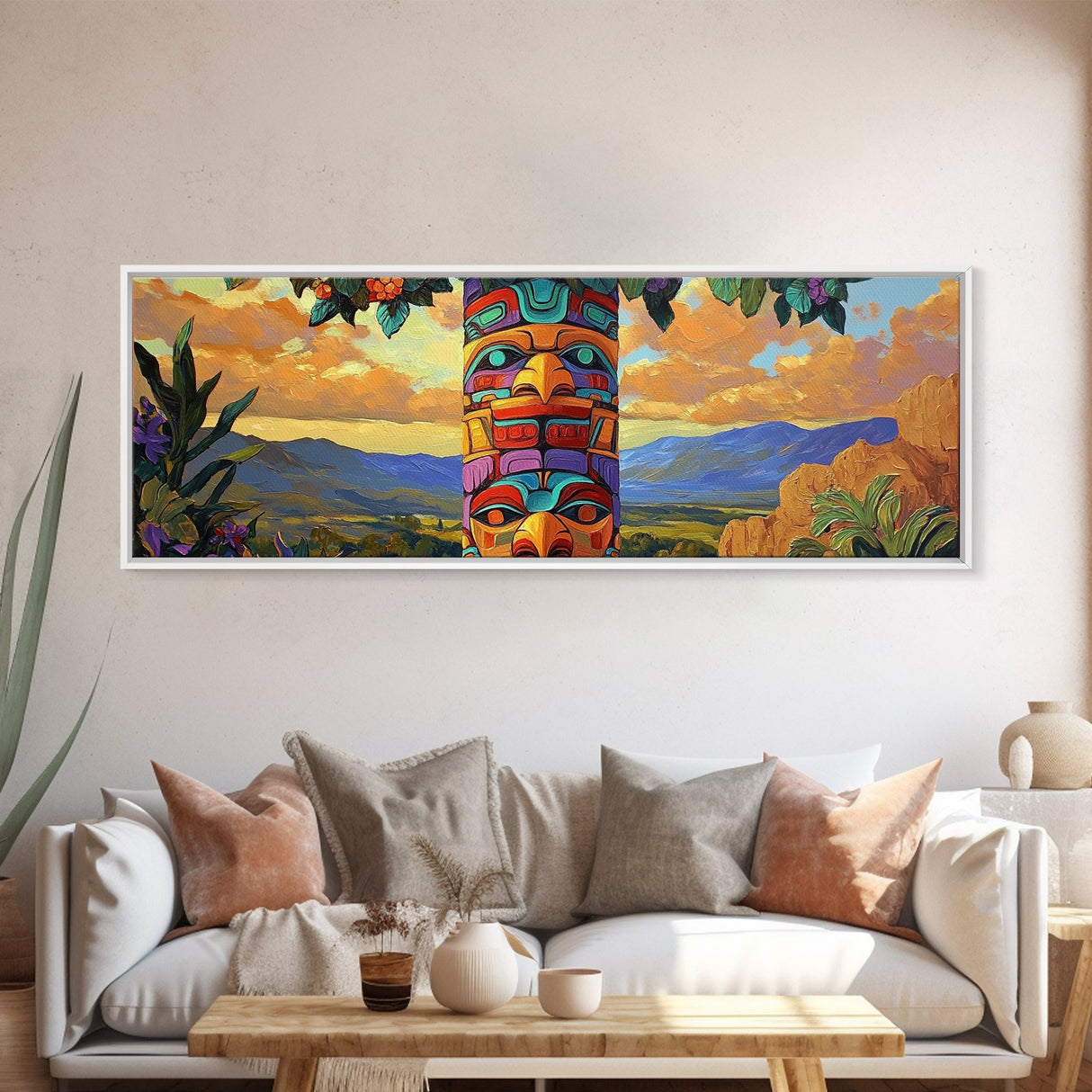 Totem Pole Art, Southwest Style, Desert Sky, Framed Canvas Print, Native Inspired, Living Room Wall Art, Cultural Landscape
