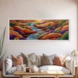 Waterfall Path, Desert Stream, Colorful Bushes, Sunset Flow, Framed Canvas Print, nature inspired art, spa room decor, zen wall style