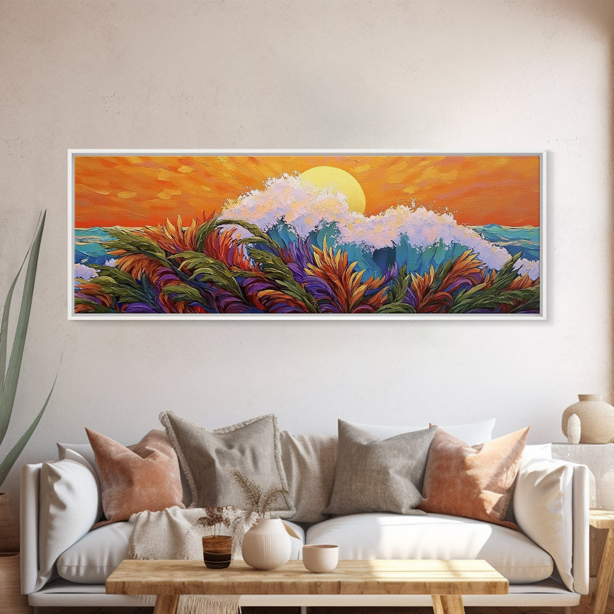 Sunset Wave, Colorful Spray, Ocean Burst, Warm Tones, Framed Canvas Print, surf-inspired bedroom art, coastal decor, tropical fall wall piece