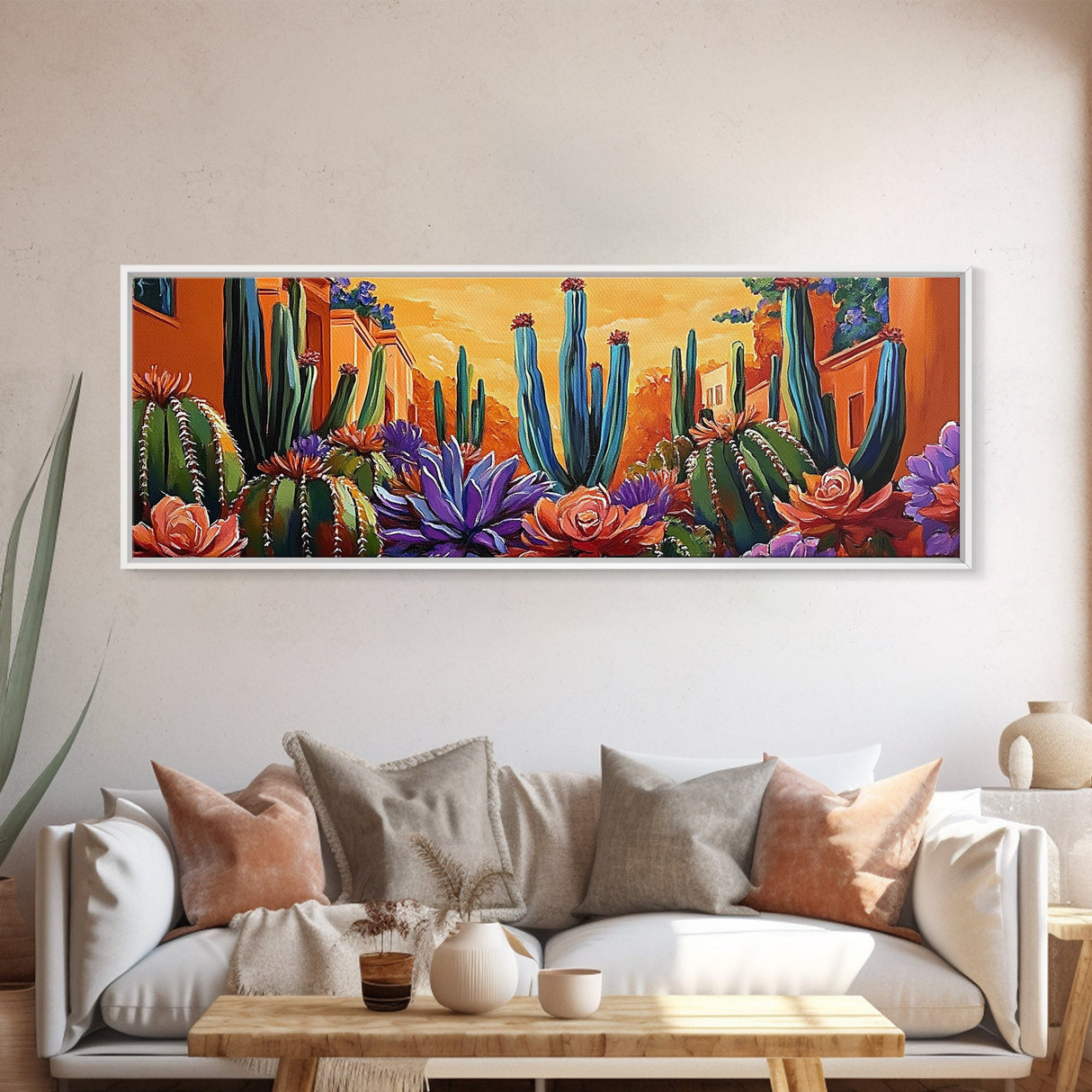 Desert Garden Magic, Colorful Cactus Landscape, Urban Nature Art, Framed Canvas Print, Living Room Southwest Decor, Boho Sunset Wall Art