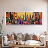 Desert Garden Magic, Colorful Cactus Landscape, Urban Nature Art, Framed Canvas Print, Living Room Southwest Decor, Boho Sunset Wall Art
