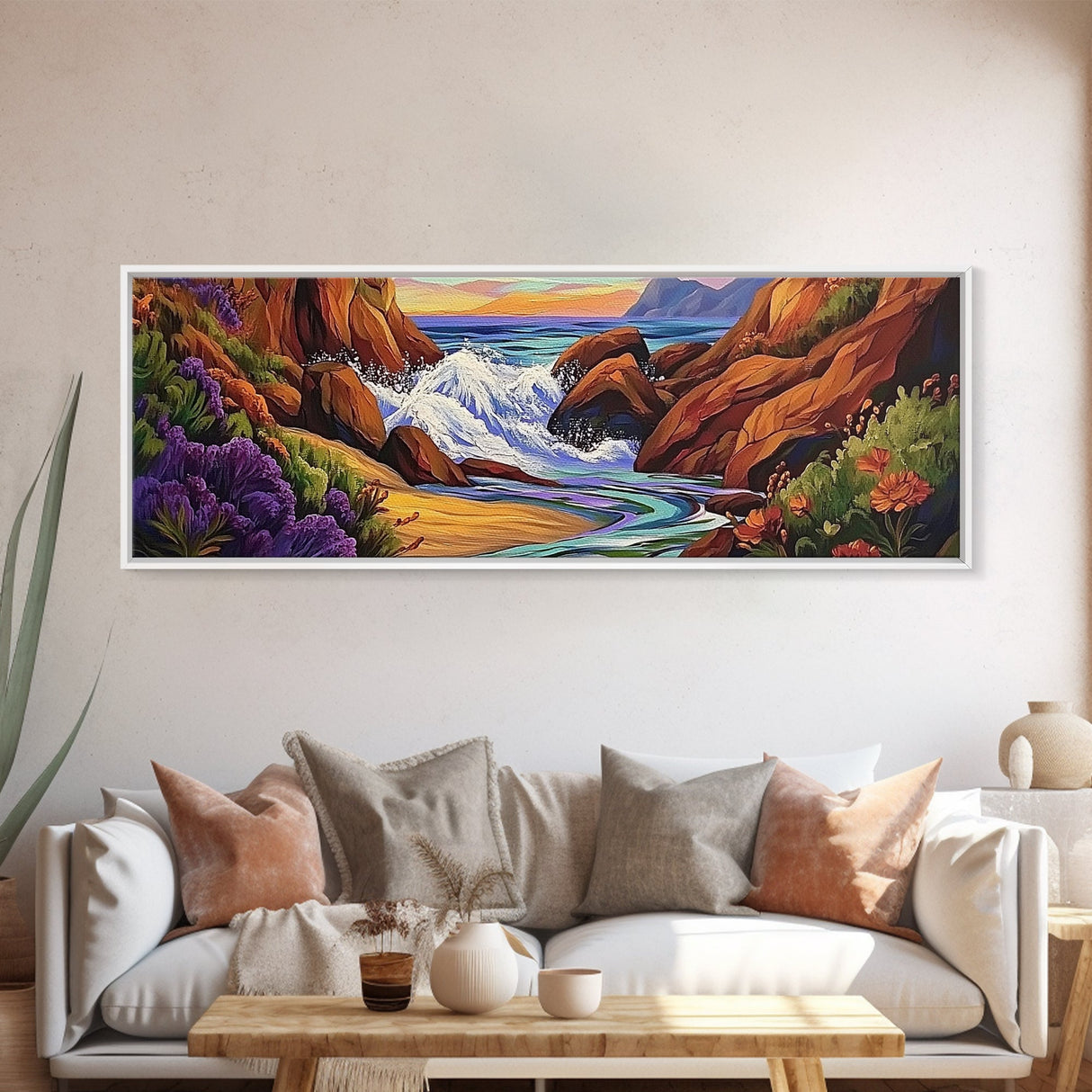 Rocky Shore, Ocean Splash, Sunset Cove, Botanical Scene, Framed Canvas Print, vibrant coastal wall art, beach bathroom decor, ocean vibe