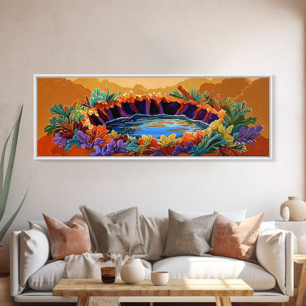Autumn Oasis, Colorful Pond, Nature Fantasy, Framed Canvas Print, Fall Wall Art, Botanical Bedroom Decor, Vibrant Landscape Painting