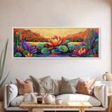 Lotus Bloom, Tranquil Pond, Sunset Flowers, Framed Canvas Print, Zen Wall Art, Yoga Studio Decor, Nature Inspired Floral Painting