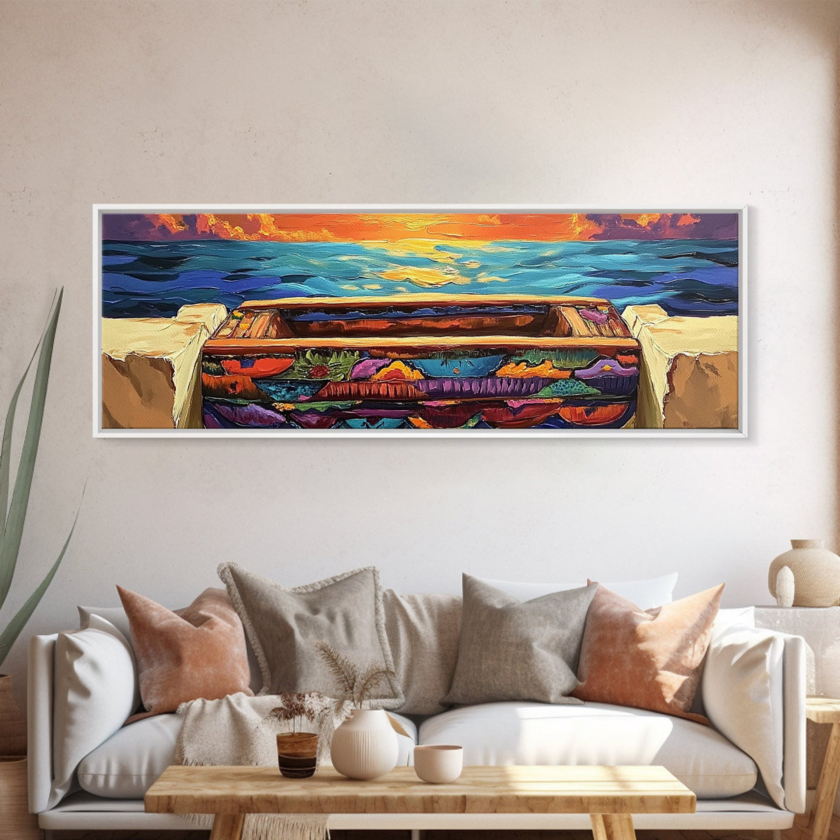 Sunset Pier, Ocean Horizon, Bold Seascape, Framed Canvas Print, Beach House Wall Art, Coastal Dining Room Decor, Vibrant Nautical Art