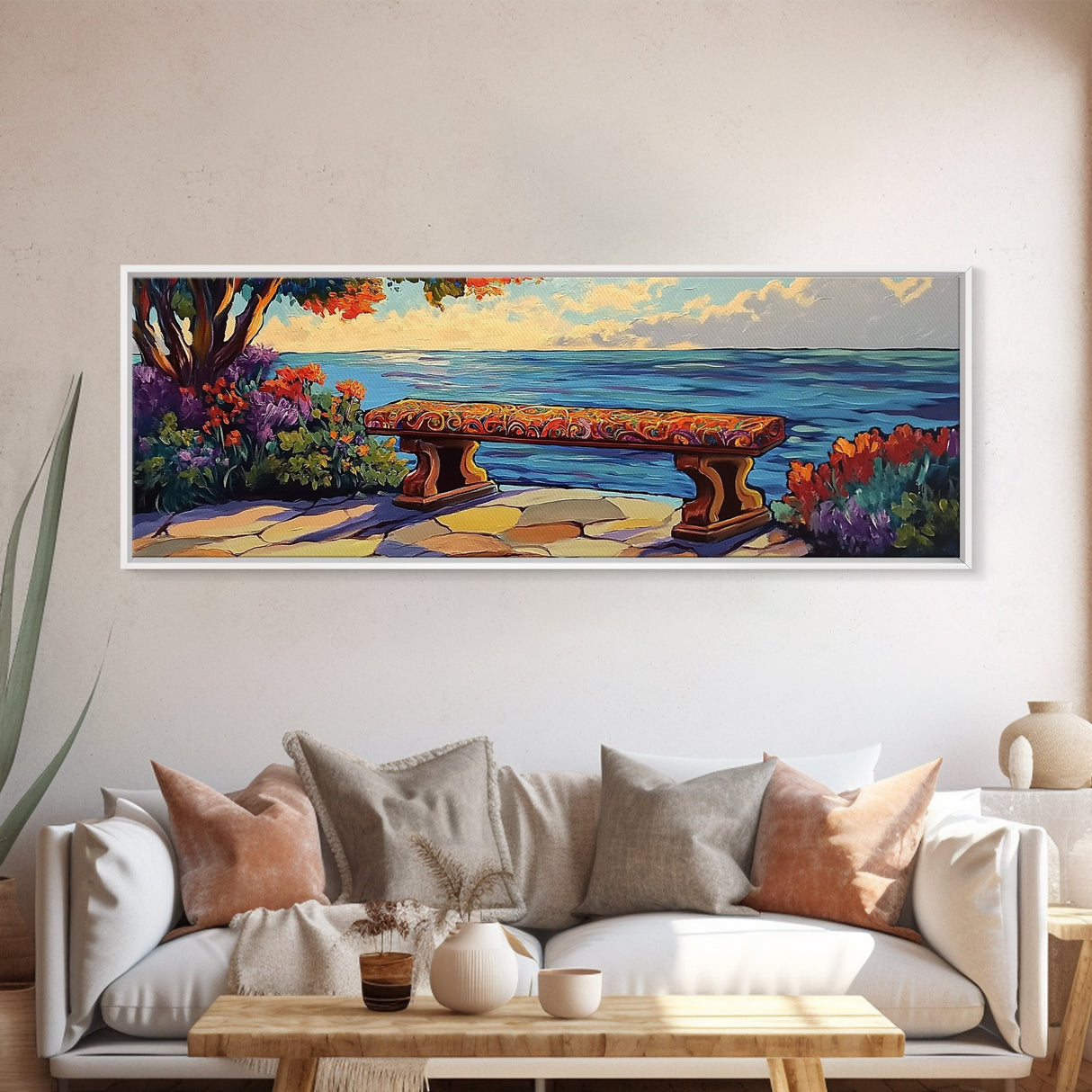 Ocean Bench Scene, Tranquil Moment, Sunset by Sea, Nature Retreat, Canvas Print, Beach House Decor, Impressionist Coastal Wall Art