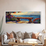 Ocean Bench Scene, Tranquil Moment, Sunset by Sea, Nature Retreat, Canvas Print, Beach House Decor, Impressionist Coastal Wall Art