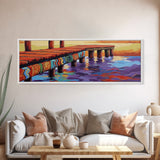 Vibrant Dock Sunset, Painted Pier, Ocean Reflections, Warm Horizon, Framed Canvas Print, Beach House Wall Art, Nautical Scene