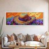 Sun Hat Painting, Floral Accent, Bold Texture, Summer Vibes, Framed Canvas Print, Boho Wall Art, Bedroom or Dressing Room Decor
