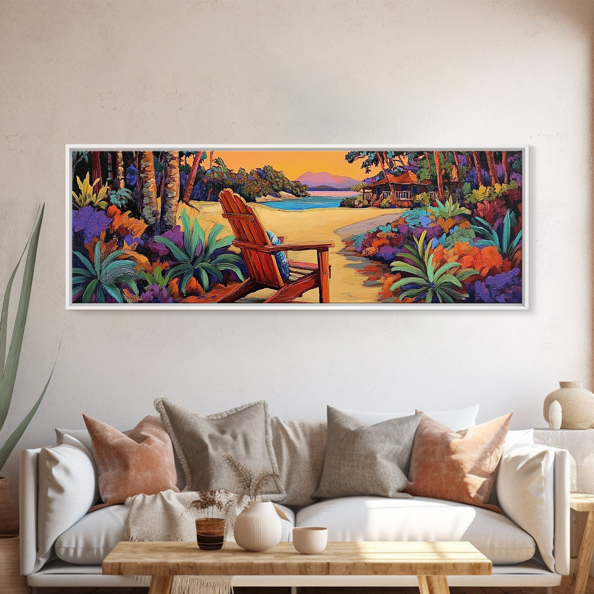 Peaceful Beach Chair, Vibrant Sunset Retreat, Tropical Escape Wall Art, Framed Canvas Print, Vacation Home Decor, Boho Island Artwork