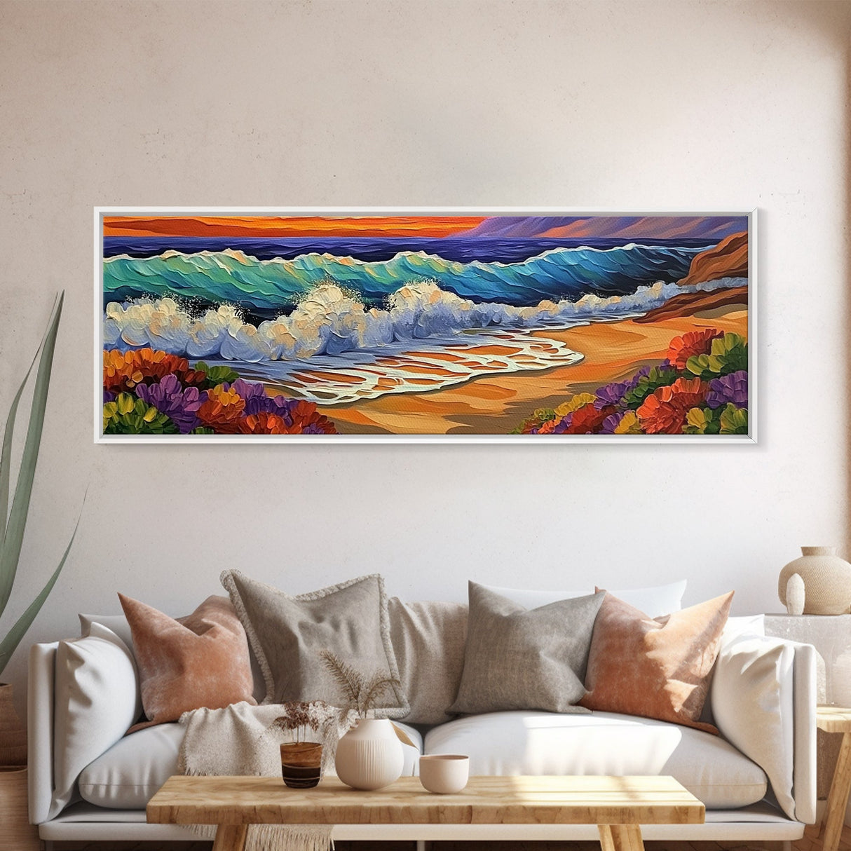Crashing Waves, Sunset Sea, Bold Ocean Art, Framed Canvas Print, Vibrant Beach Wall Decor, Bathroom Nautical Theme, Color Splash Style
