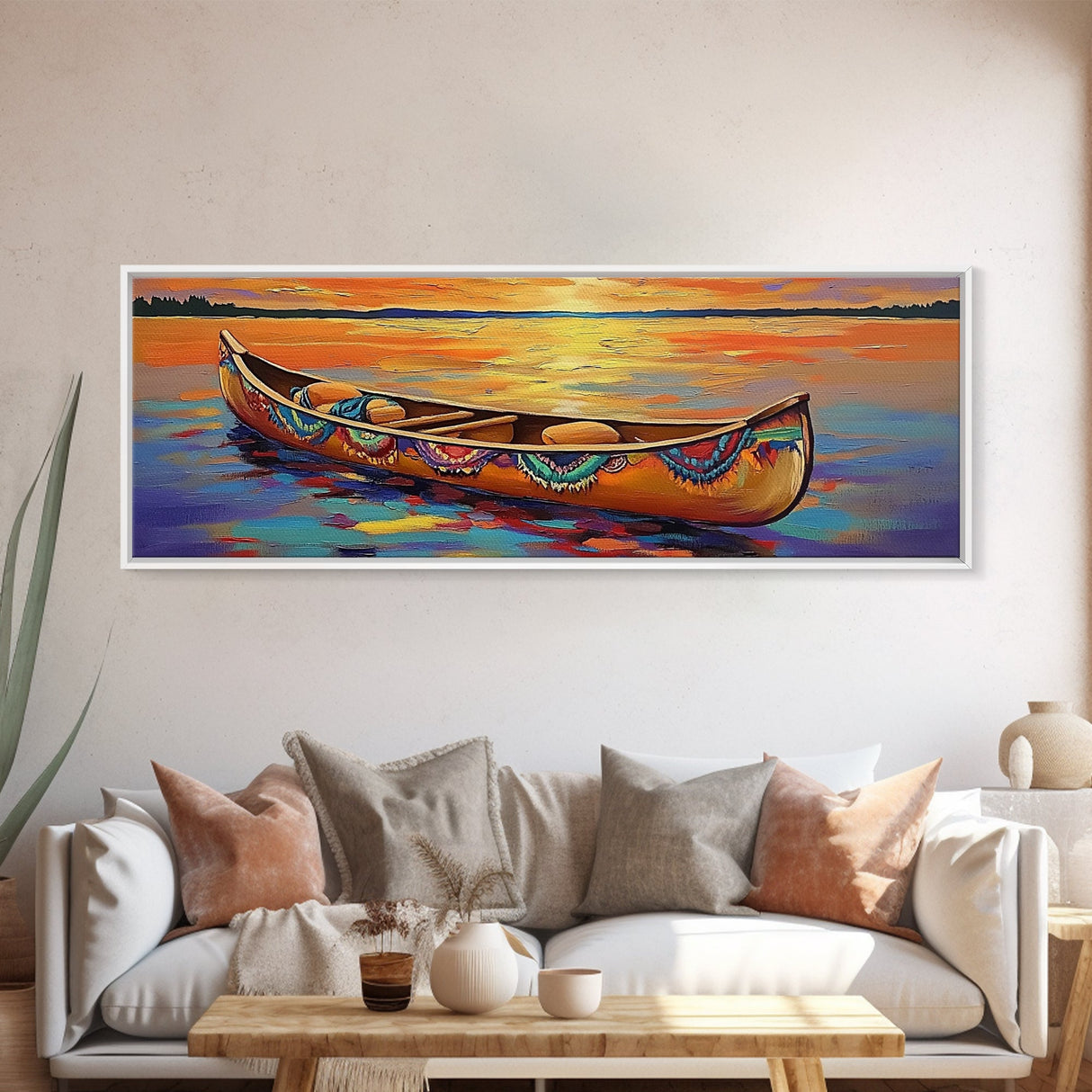 Sunset Lake Canoe, Peaceful Evening Art, Autumn Water Scene, Canvas Print, Rustic Cabin Wall Art, Colorful Lakehouse Decor