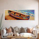 Floral Canoe Painting, Beachside Dock Art, Coastal Decor Accent, Canvas Print, Nautical Wall Art, Boho Beach House Living Room