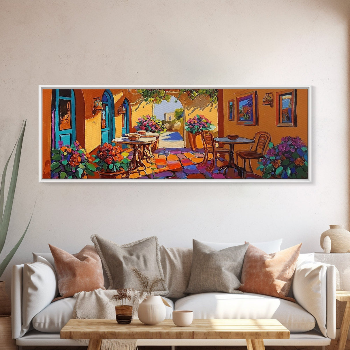 Mediterranean Patio Vibe, Colorful Courtyard Painting, Rustic Garden View, Framed Canvas Print, Kitchen Wall Art, Tuscan Style Decor