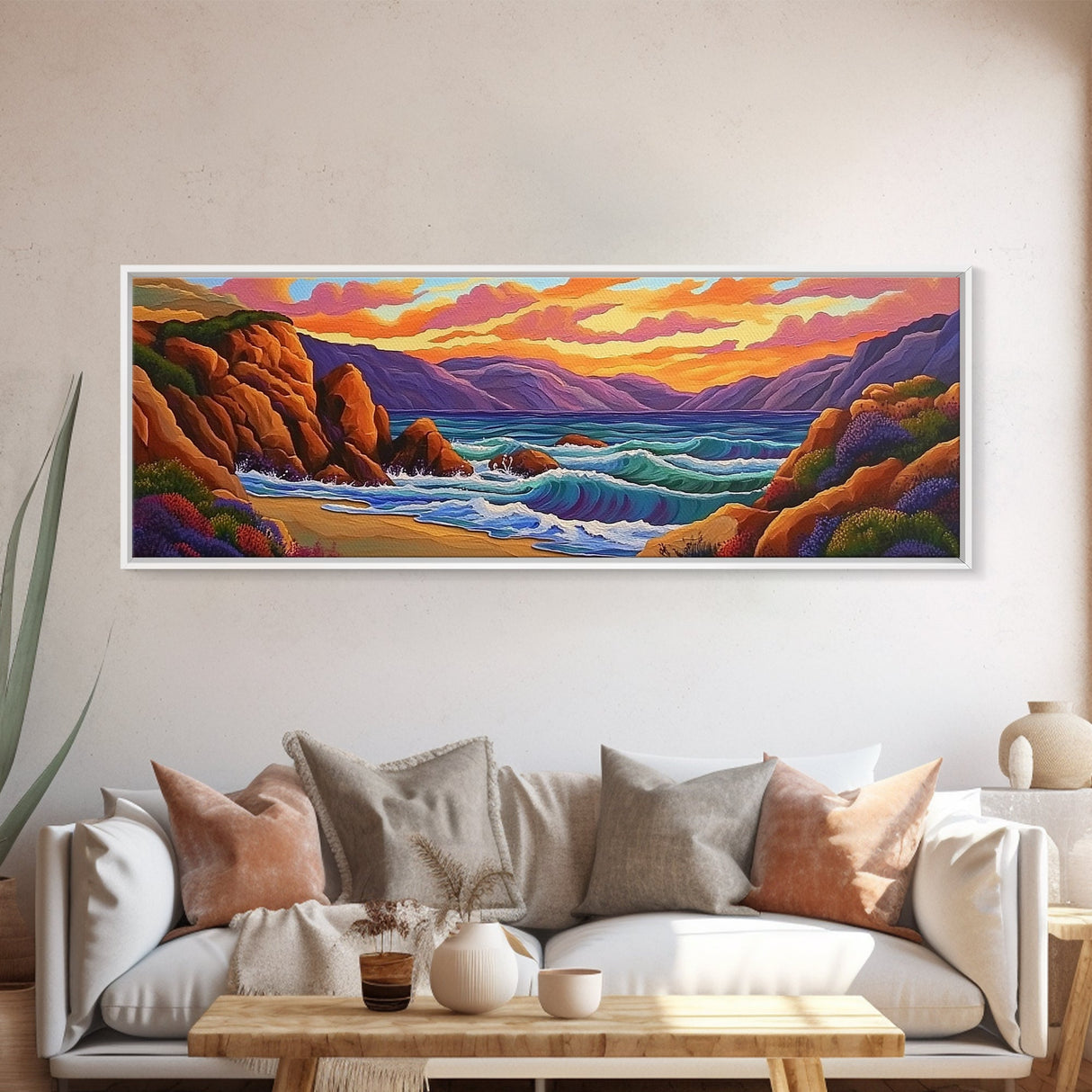 Sunset Coastal Waves, Bold Seascape Painting, Vibrant Ocean Scene, Framed Canvas Print, Beach Wall Art, Nautical Living Room Decor