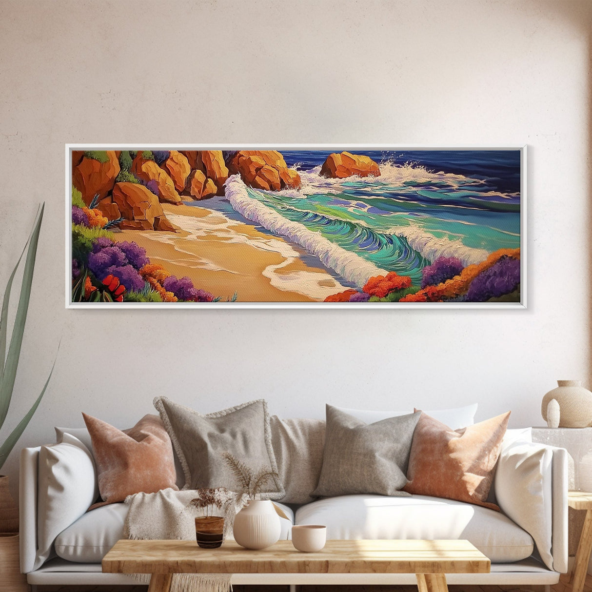 Ocean Waves Beach, Colorful Surf Art, Coastal Landscape, Seaside View, Canvas Print, Bathroom Wall Art, Nautical Theme, Vibrant Art