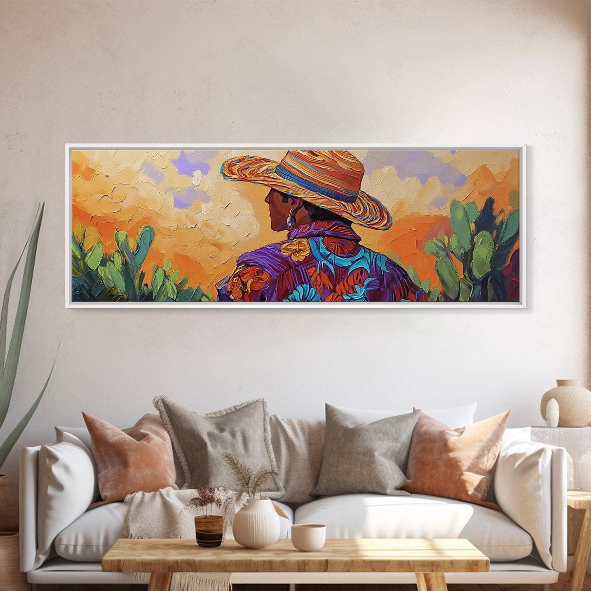 Mexican Cowboy, Sunset Western Portrait, Vibrant Hat Man, Desert Decor, Framed Canvas Print, Boho Art, Rustic Living Room Wall Art