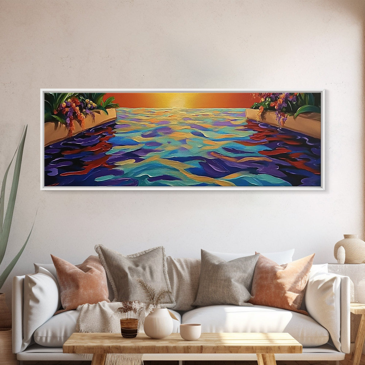 Sunset Infinity Pool, Tropical Water Reflection, Vibrant Resort View, Canvas Print, Bathroom Wall Art, Dreamy Landscape, Modern Art