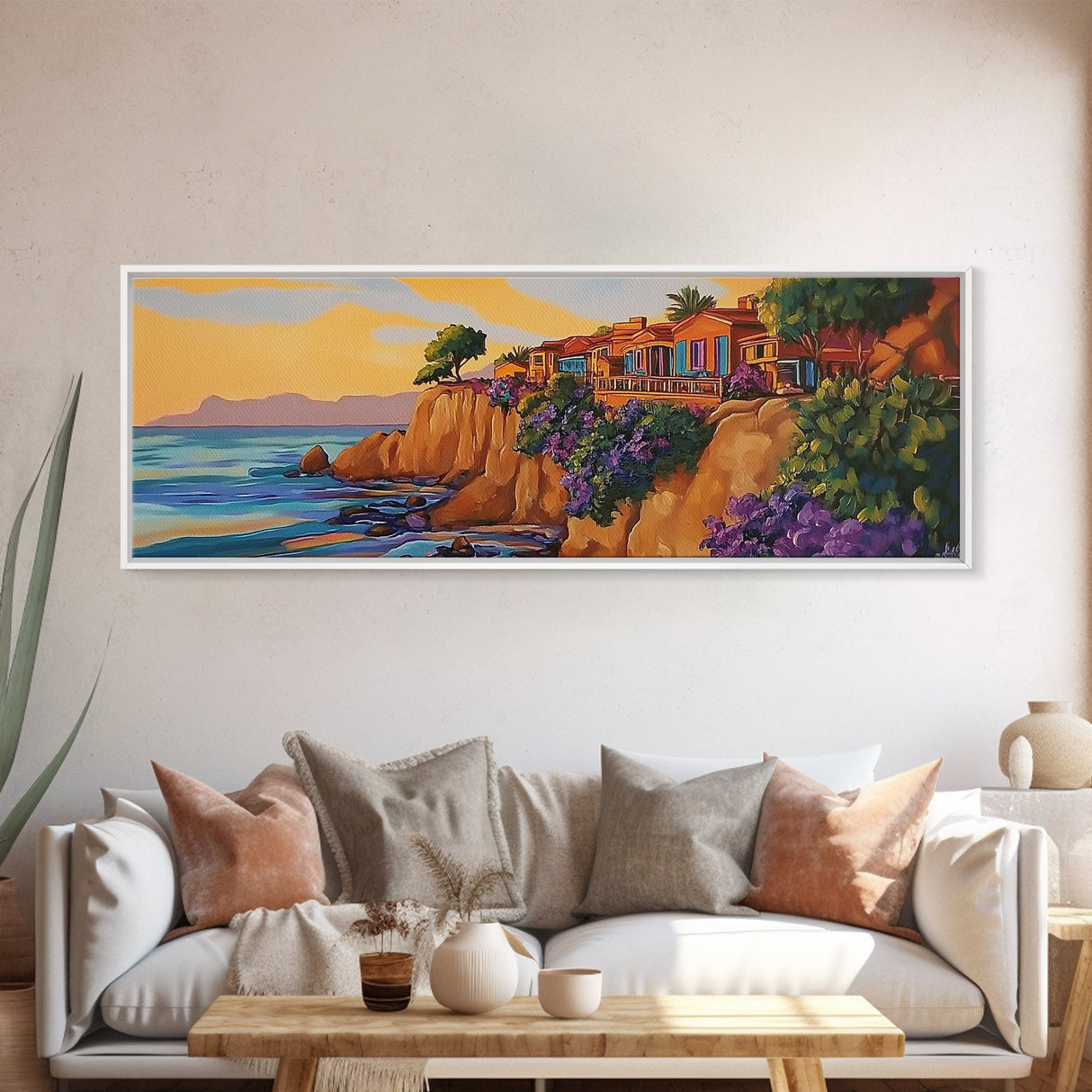 Seaside Villas, Coastal Cliff, Ocean Sunset, Framed Canvas Print, Beach House Art, Colorful Home Decor, Bold Tropical Landscape Art