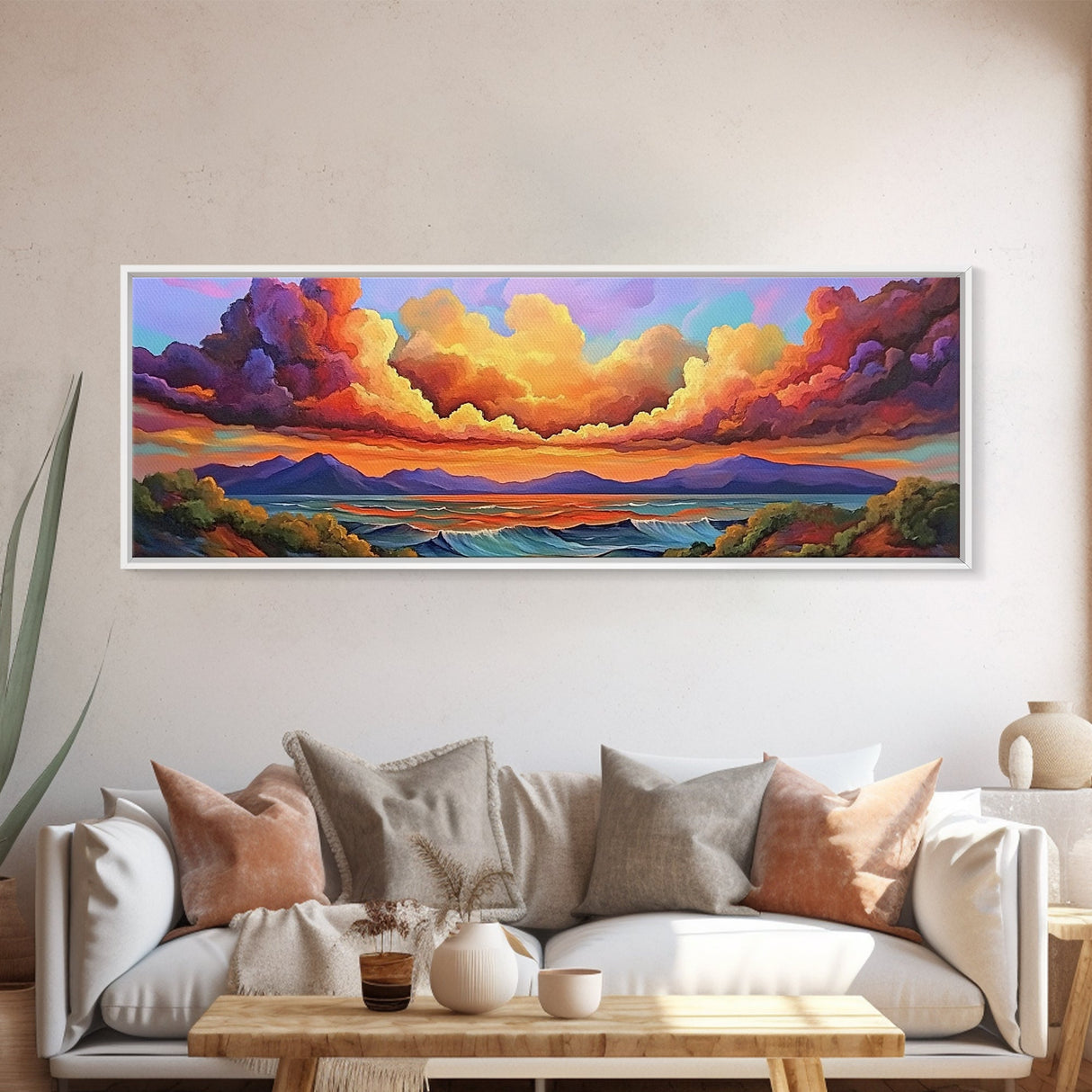 Sunset Waves, Vibrant Clouds, Mountain Sea View, Framed Canvas Print, Colorful Seascape Art, Moody Bedroom Decor, Ocean Landscape