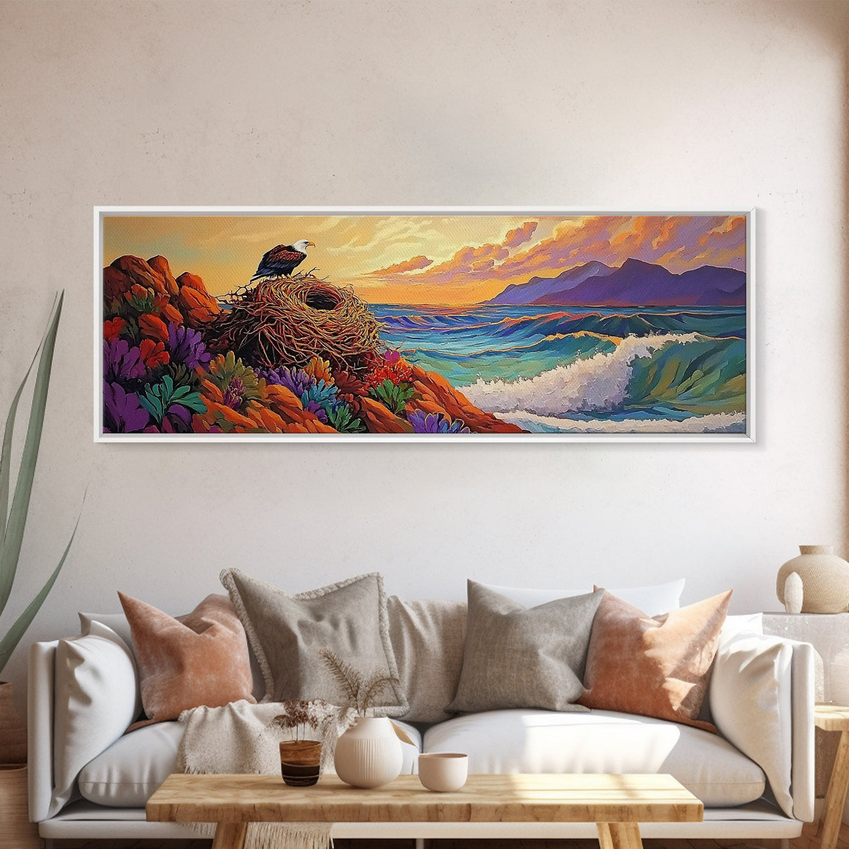 Eagle Nest Painting, Coastal Wildlife Scene, Framed Canvas Print, Ocean View Wall Art, Nature Lover Decor, Office or Living Room