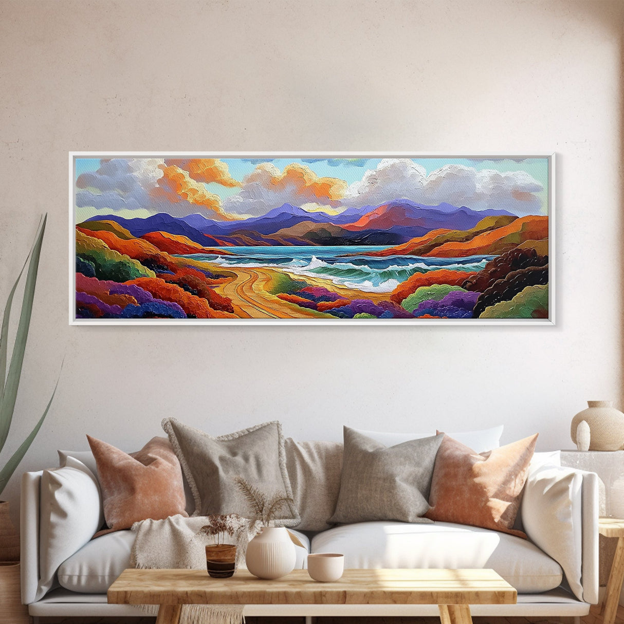 Colorful Mountains, Ocean Road, Vibrant Sunset, Framed Canvas Print, Scenic Nature Wall Art, Coastal Living Room Decor, Bold Art