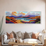Colorful Mountains, Ocean Road, Vibrant Sunset, Framed Canvas Print, Scenic Nature Wall Art, Coastal Living Room Decor, Bold Art