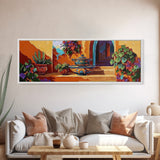 Mexican Pottery, Rustic Charm, Colorful Courtyard, Desert Plants, Framed Canvas Print, Kitchen Wall Art, Boho Decor, Spanish Style Art