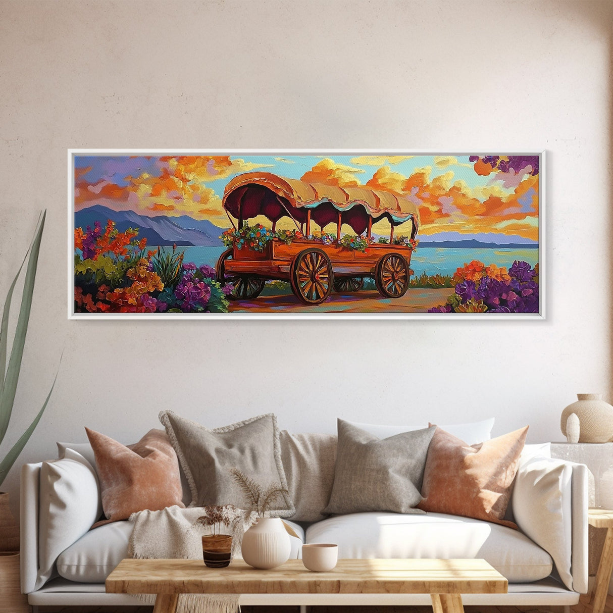Flower Wagon, Sunset Trail, Wildflower Garden, Rustic Charm, Framed Canvas Print, Autumn Wall Art, Living Room Decor, Country Farmhouse Art