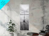 Pipeline Perspective, Industrial Seascape, Grunge Aesthetic, Framed Canvas Print, Coastal industrial art, Minimalist hallway decor, Monochrome print