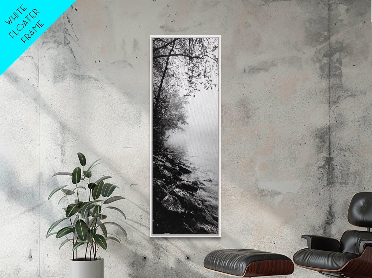 Lakeside Mist, Rocky Shoreline, Tranquil Forest, Framed Canvas Print, Peaceful woodland wall art, Fall neutral decor, Nature themed office print