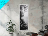 Lakeside Mist, Rocky Shoreline, Tranquil Forest, Framed Canvas Print, Peaceful woodland wall art, Fall neutral decor, Nature themed office print