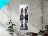 Twin Pines, Forest Reflection, Misty Lake, Black and White Nature, Framed Canvas Print, Living Room Wall Art, Nature Photography, Zen Decor