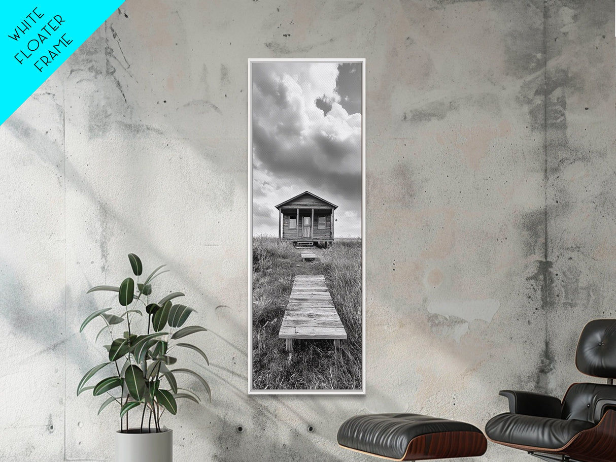 Rustic Cabin, Country Path, Prairie Landscape, Black and White Photo, Framed Canvas Print, Farmhouse Wall Art, Autumn Decor, Nature Style