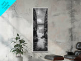 Sea Arch, Cliff Bridge, Coastal Landscape, Dramatic Ocean View, Black and White Framed Canvas Print, Bathroom Art, Hallway Wall Art