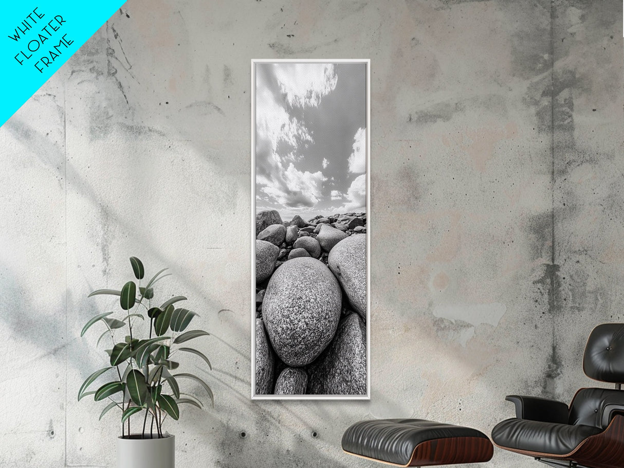 Granite Boulders, Coastal Rocks, Ocean Horizon, Dramatic Clouds, Framed Canvas Print, Nature Wall Art, Modern Beach House Decor