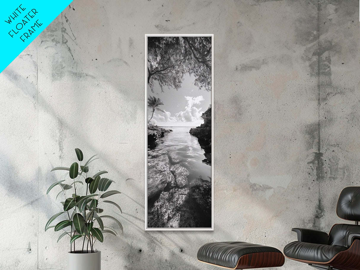 Island Cove, Palm Tree, Peaceful Sea, Tropical Coastline, Black and White Framed Canvas Print, Boho Beach Wall Art, Bathroom Decor