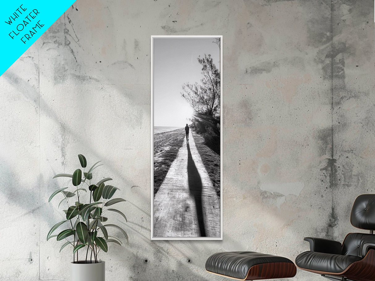 Walkway Shadows, Coastal Path, Minimalist Silhouette, Black and White Art, Framed Canvas Print, Hallway Decor, Calm Modern Wall Art