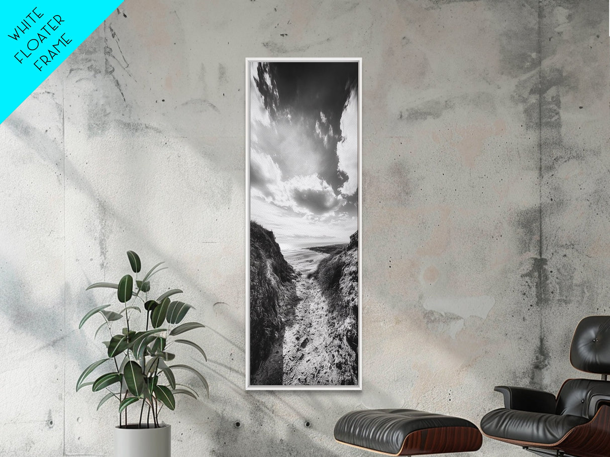 Cliffside Horizon, Beach Escape, Black and White Nature, Framed Canvas Print, Coastal Wall Art, Entryway Decor, Minimalist Aesthetic