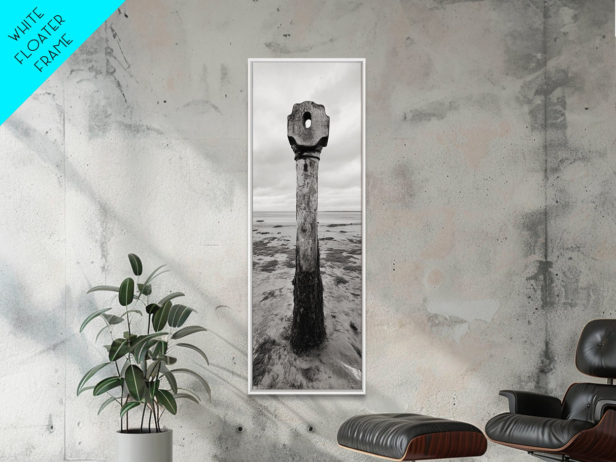 Driftwood Totem, Coastal Pillar, Ocean Beach Monochrome, Framed Canvas Print, Rustic Wall Art, Boho Bedroom Decor, Nature Photography